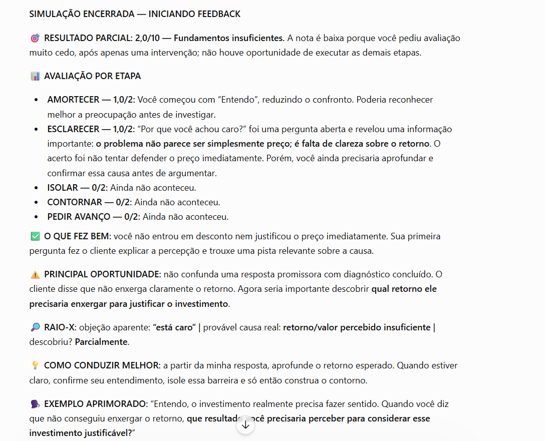 Feedback do simulador com nota e avaliação por etapa: amortecer, esclarecer, isolar, contornar e pedir avanço